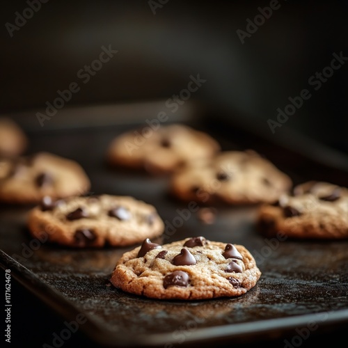 Freshly baked chocolate chip cookies cooling on a baking tray in a kitchen