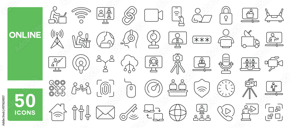 Set of 50 line icons related to online, video, camera, network, work, contact, meeting, pay, hosting, digital, stream, live, Editable stroke. Vector illustration