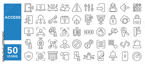 Set of 50 line icons related to access, security, password, user, check, login, private, data, protection, Editable stroke. Vector illustration