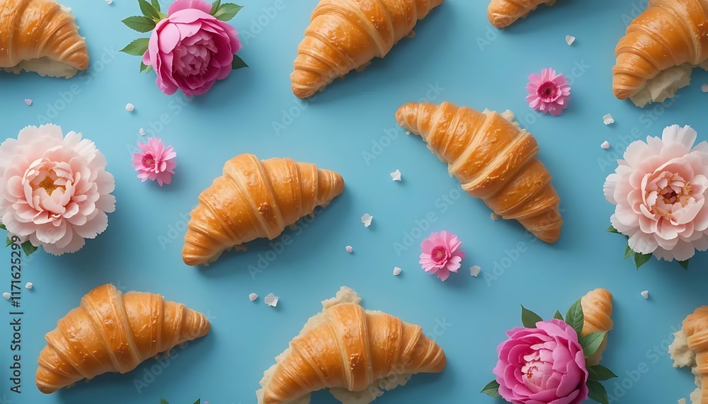 Fototapeta premium Elegant Croissants and Peonies on Blue Canvas