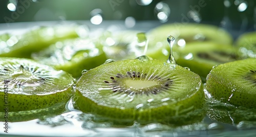 Fresh kiwi slices arranged neatly on a glass plate showcasing vibrant green c...