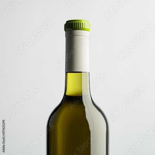 Elegant glass bottle of white wine with a green cap against a minimalistic ba...