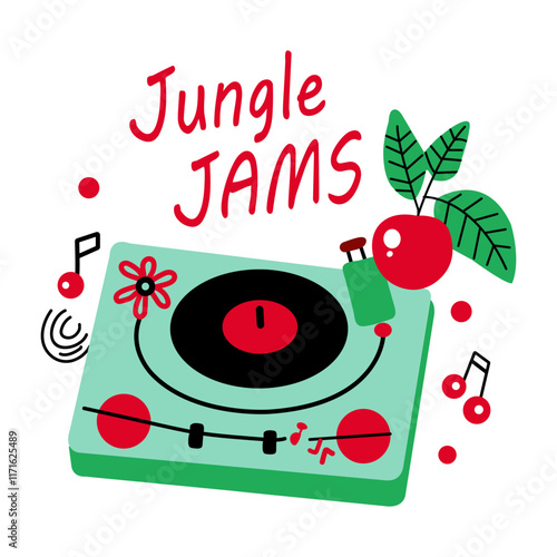 A flat sticker of vinyl player with jungle jams typography