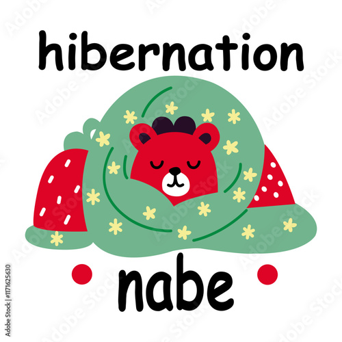 A flat sticker of napping bear with hibernation typography