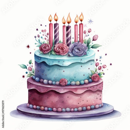Colorful birthday cake with candles and floral decorations for a special cele...