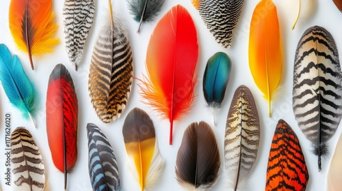 Colorful collection of bird feathers displayed on a white background showcasi...