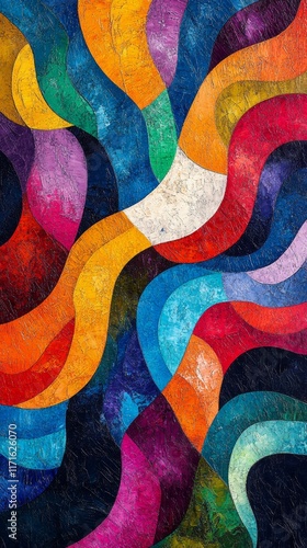 Vibrant wavy patterns in colorful abstract art showcasing bold shades of red,...