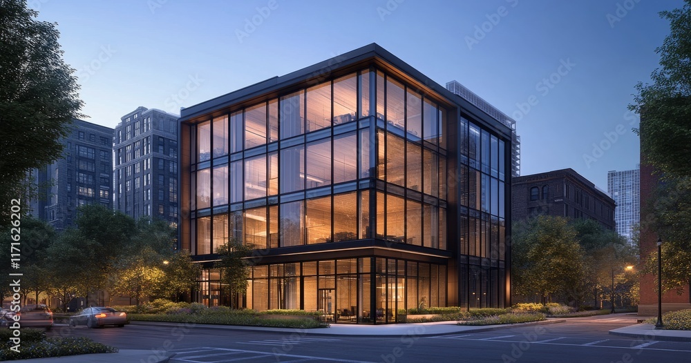 Obraz premium Modern architectural building with glass facade and warm lighting in urban setting during twilight