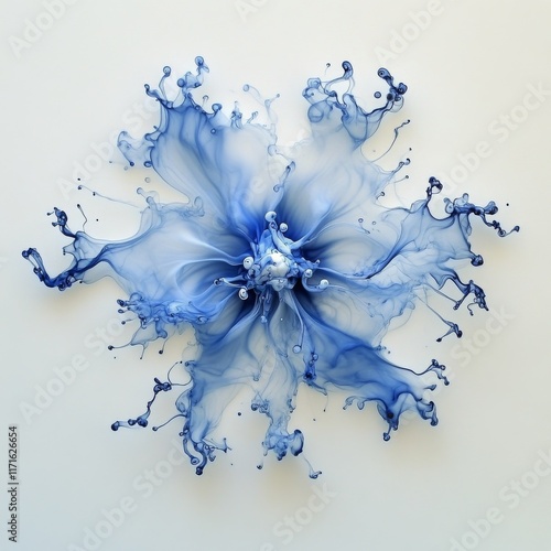 Blue liquid splash creating a floral pattern on a white background