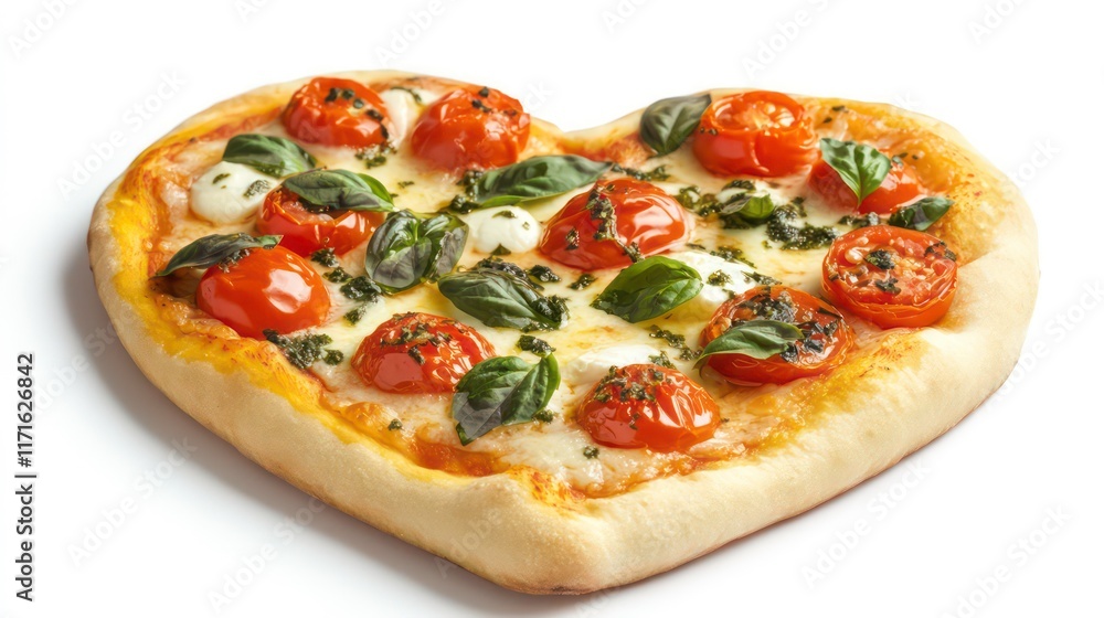 heart-shaped pizza with mozzarella cheese and cherry tomatoes, garnished with basil, is presented on a white background. Concept of a romantic and delicious pizza. heart-shaped pizza with mozzarella cheese and cherry tomatoes, garnished with basil, is presented on a white background. Concept of a romantic and delicious pizza.