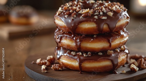 Delicious stacked donuts topped with chocolate and nuts at a cozy bakery setting