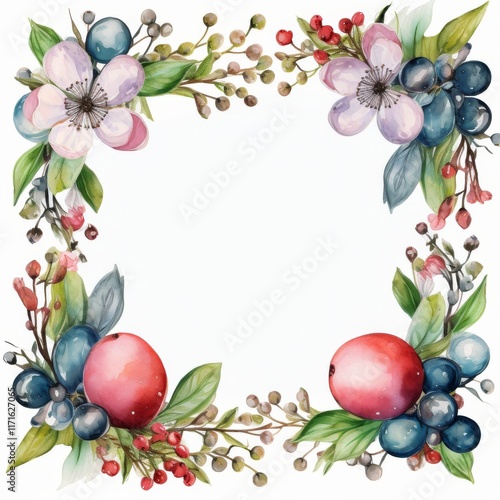 Spring floral wreath with colorful Easter eggs surrounded by leaves and flowers