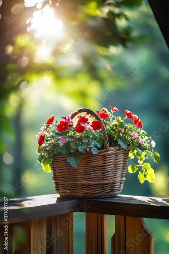 Brightly colored flower basket on a wooden railing during sunset