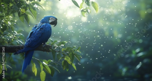 Brilliant blue parrot perched on a branch in a misty forest during the golden...