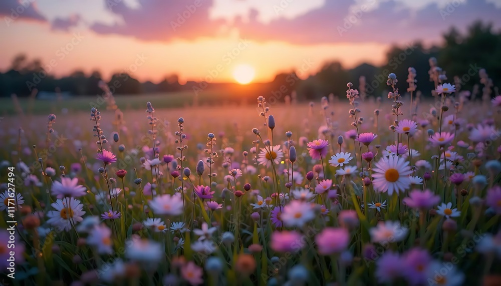 Naklejka premium Meadows Alive in Sunset's Glow: A Blurred Tapestry of Serenity