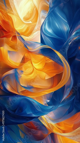 Swirling blue and orange smoke creating an abstract pattern in a dark backdrop