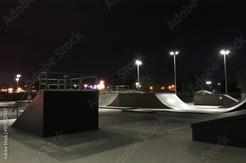 Ramp structures and skateboard park at night photo