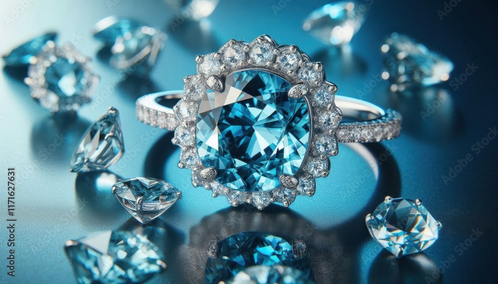 Fototapeta premium Elegant jewelry ring, large oval blue topaz gemstone, diamond halo setting, white gold band, brilliant cut diamonds, luxury engagement ring, high-end jewelry photography, dark reflective surface, soft