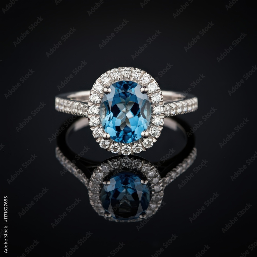 Elegant jewelry ring, large oval blue topaz gemstone, diamond halo setting, white gold band, brilliant cut diamonds, luxury engagement ring, high-end jewelry photography, dark reflective surface, soft Elegant jewelry ring, large oval blue topaz gemstone, diamond halo setting, white gold band, brilliant cut diamonds, luxury engagement ring, high-end jewelry photography, dark reflective surface, soft
