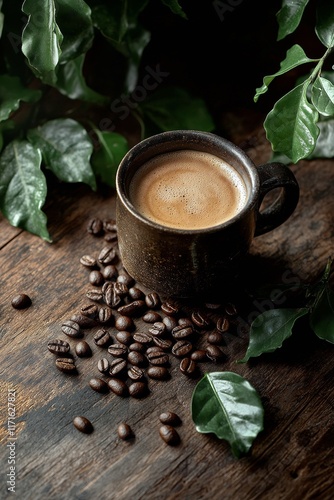 Freshly brewed coffee in a rustic cup surrounded by coffee beans and green le...