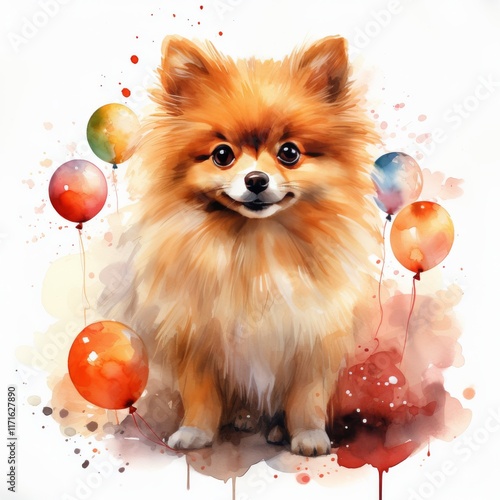 Cute dog wearing colorful party hat amidst vibrant splash of colors celebrati...