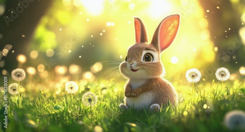 Cute rabbit sitting in a sunlit meadow surrounded by dandelions on a beautifu...