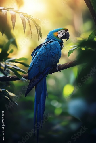 Colorful macaw perched on a branch in a vibrant rainforest during golden hour