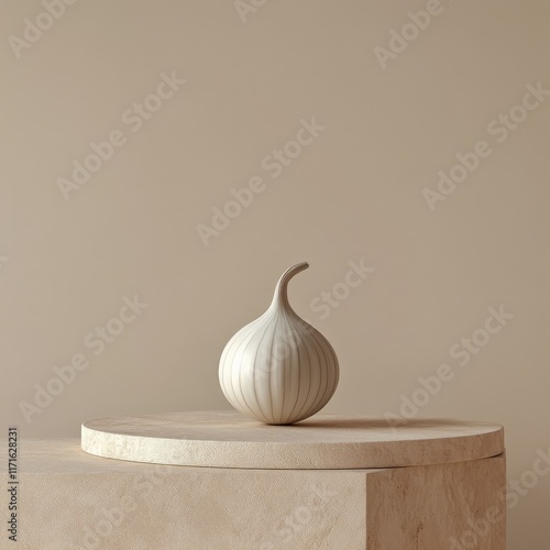Simple ceramic onion decoration on a smooth surface with neutral background h...