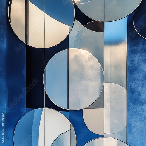 Unique arrangement of circular mirrors on a modern wall in a stylish interior...