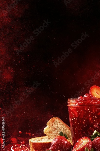 Fresh strawberries and homemade jam with slices of bread on dark background