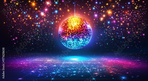 Colorful disco ball spinning under flashing lights in a dark dance club envir...