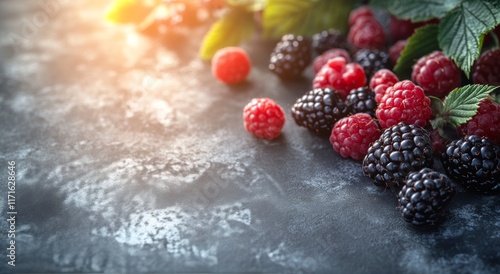 Freshly picked blackberries and raspberries on a stone surface under soft sun...