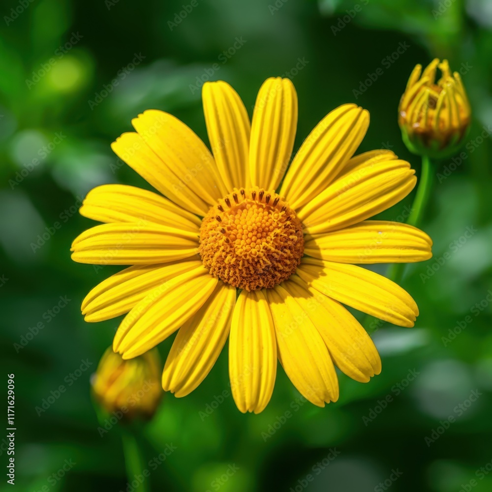 Fototapeta premium Yellow daisy flower, vibrant petals, macro photography, blurred green background, nature close-up, detailed center, sunflower-like bloom, garden flower, bright sunny day, sharp focus, botanical imager
