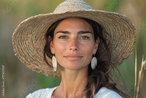 Woman with blue eyes wearing a straw hat and earrings poses beautifully indoo...