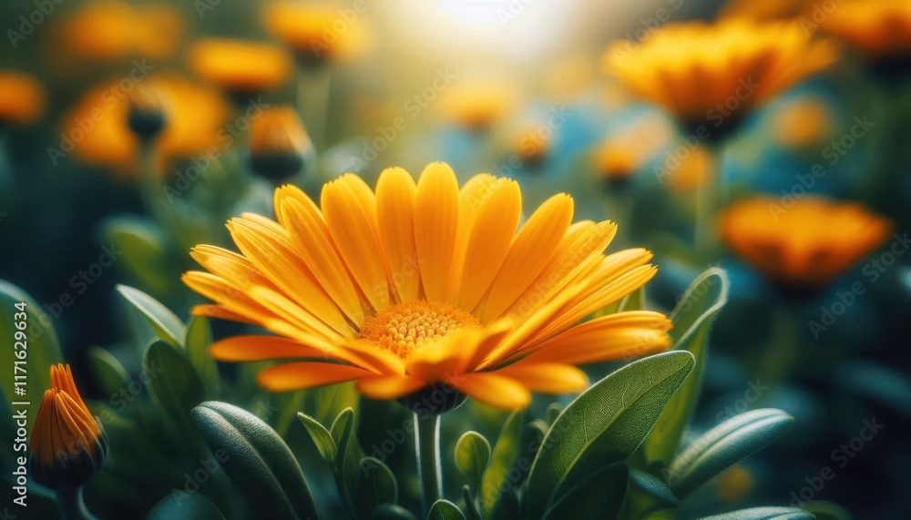 Yellow daisy flower, vibrant petals, macro photography, blurred green background, nature close-up, detailed center, sunflower-like bloom, garden flower, bright sunny day, sharp focus, botanical imager
