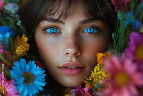 Young woman with blue eyes holding a colorful bouquet of flowers in a serene ...