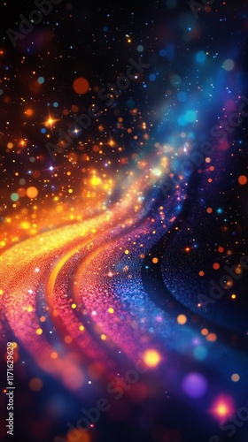 Colorful abstract light trail sparkling in dark space with vibrant hues swirl...