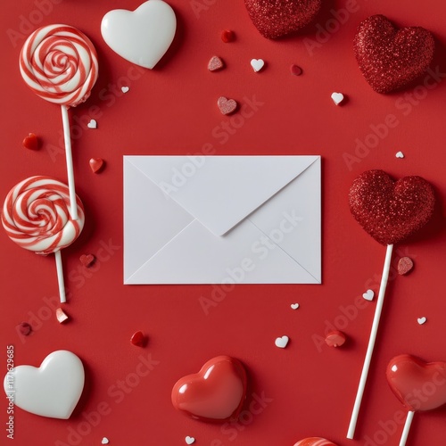 Valentine's Day decoration with sweets, hearts, and an envelope on a red back...