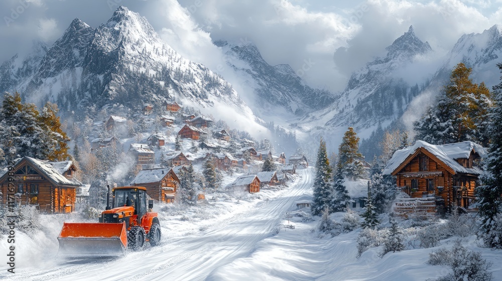 Snowplow clears snowy mountain village road. Snowplow clears snowy mountain village road.