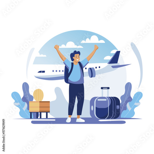 Flat illustration shows a happy traveller with his luggage, ready to board a plane