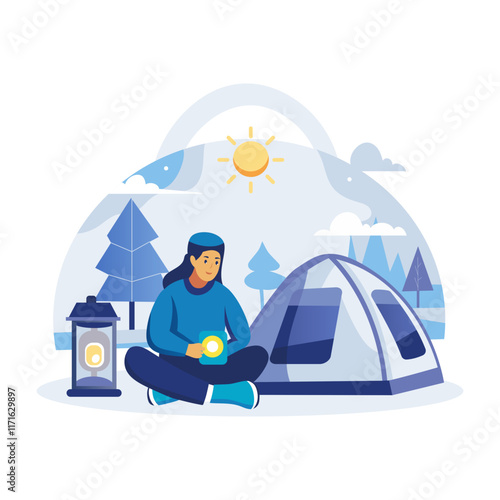 A flat illustration shows a person enjoying a solo camping trip