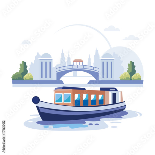 A flat illustration shows a barge sailing on a river under a bridge in a cityscape