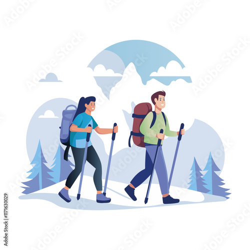 Couple hiking together illustration designed in flat style