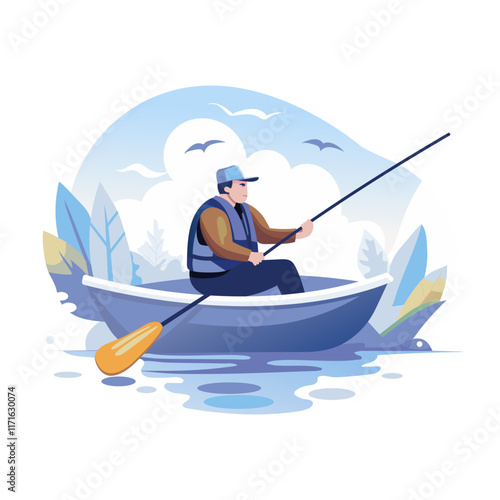 This flat illustration shows a person enjoying a peaceful day out on a boat on a calm lake