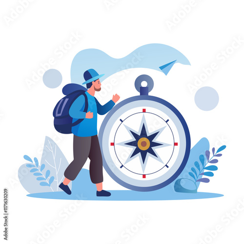 A flat illustration shows a backpacker with a travel compass, symbolizing the journey