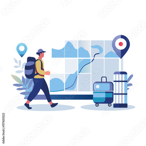 A flat style illustration showing a person finding travel location