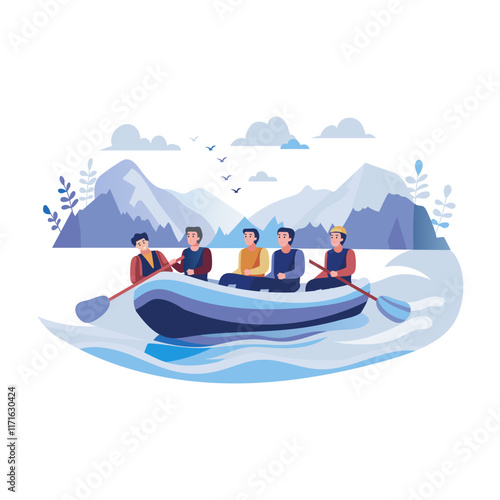 Flat illustration depicts a group enjoying a thrilling rafting adventure