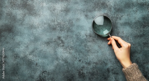 Exploring details with a magnifying glass on a textured blue surface