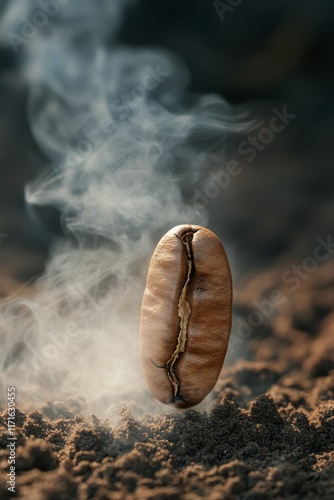 Close up of a coffee bean surrounded by ground coffee and steam in a warm set...