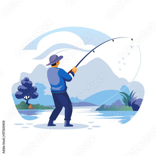 Person enjoying river fishing flat illustration